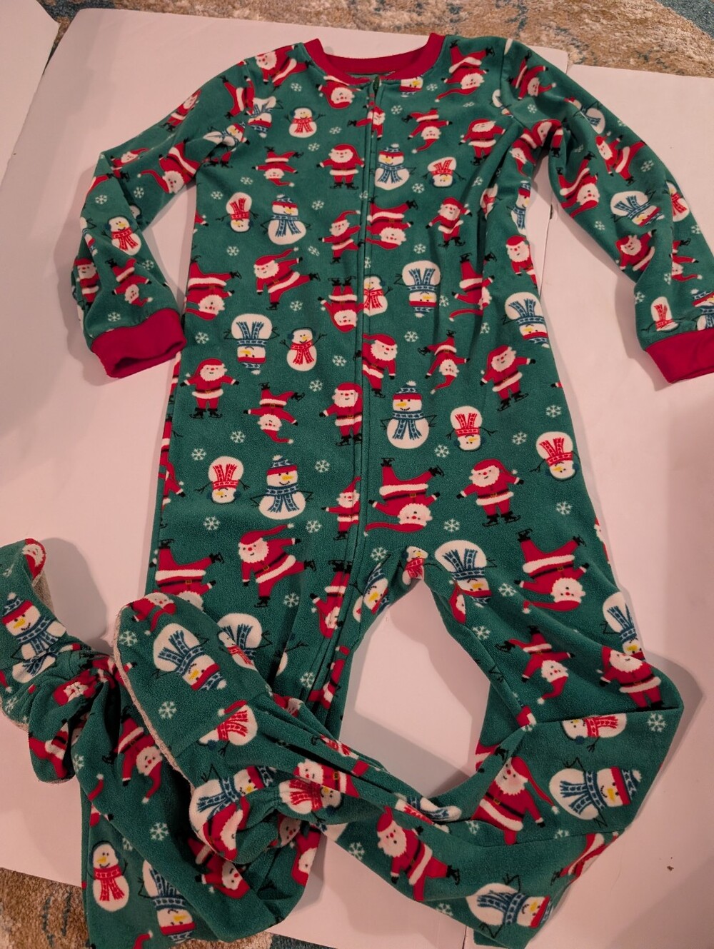 Carter's Green Holiday Santa & Snowman Footed One-Piece Sz 8